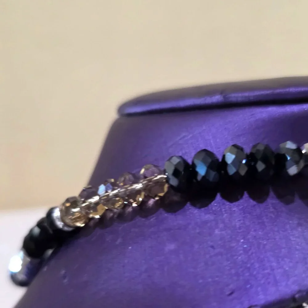 Vintage Black Gray Silver Monochrome Crystal Faceted Bead Rhinestone Necklace